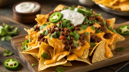 Delicious loaded nachos with cheese, meat, and fresh toppings
