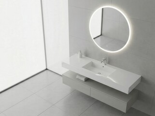 Minimal Modern Bathroom With Floating Vanity, Illuminated Round Mirror, White Sink And Natural Light