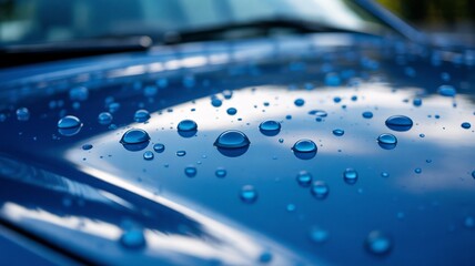 Raindrops glisten on sleek blue car hood after storm