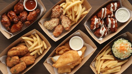 Assorted fried chicken and sides in cardboard boxes