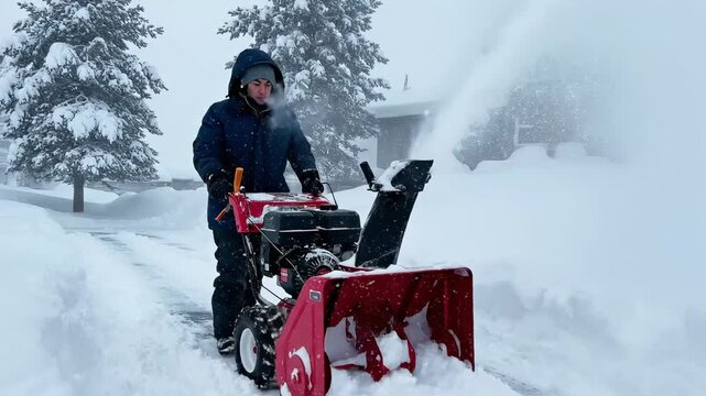 Person Using Snow Blower to Clear Snow from Driveway.