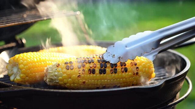 Grilled corn on the cob with steam and sunlight close up