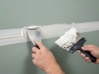 Plasterwork and wall painting preparation. Male applying filling drywall patch.