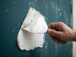 Plasterwork and wall painting preparation. Male applying filling drywall patch.