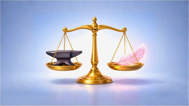 3D illustration of pink feather outweighing heavy iron anvil on scale