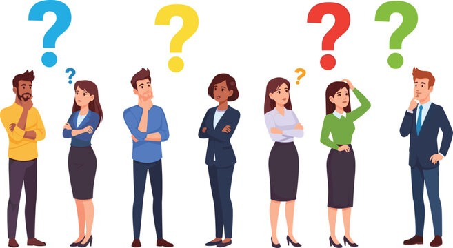 Confused Business People Thinking with Question Marks Above Heads Flat Vector Illustration Set for Problem Solving and Decision Making Concept