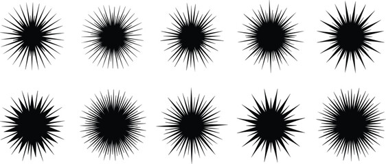 Black Starburst and Sunburst Silhouette Icon Set with Geometric Radial Spiky Shapes for Sale Labels, Promotional Stickers, Explosion Effects, and Graphic Design Projects © Selim Studio