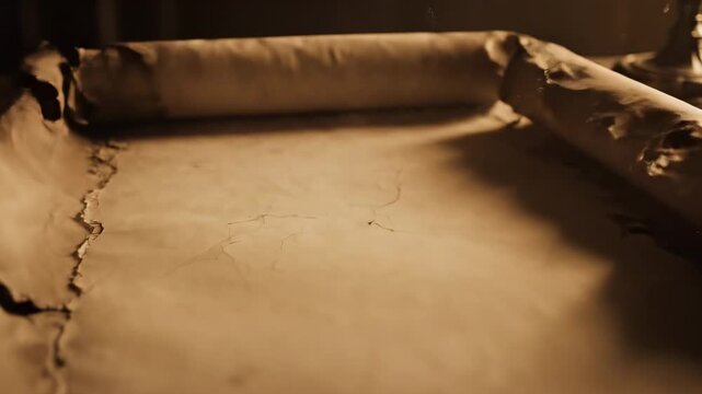 Ancient parchment scroll on a wooden table, close up.