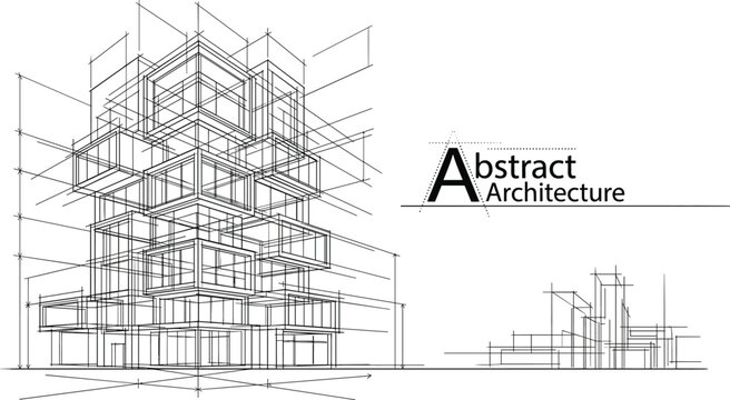 Abstract black and white vector architecture sketch featuring stacked modular building blocks and technical 3D wireframe perspective