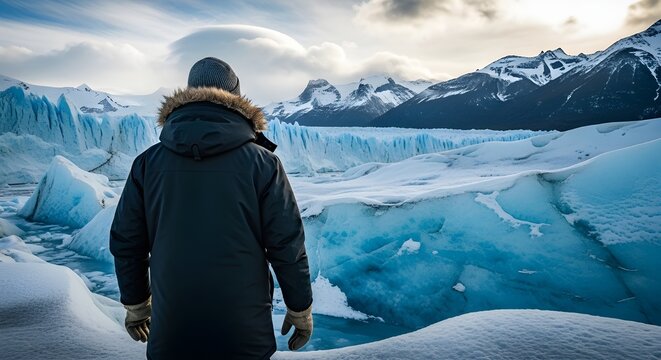 Adventurer Views Vast Glacier and Snow- Capped Mountains landscape