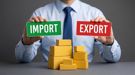 Businessman Holding Import And Export Signs Over Stacked Shipping Boxes Representing Global Trade