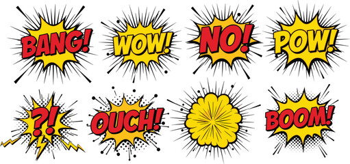 Comic Book Pop Art Explosion Speech Bubble Set with Bang Wow Boom Ouch and Pow Text Effects for Retro Cartoon Design and Posters © Selim Studio