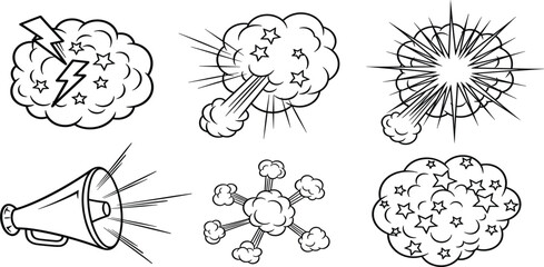 Comic Explosion and Speech Effect Set with Boom Burst Cloud and Megaphone Elements for Pop Art Comics Cartoon and Action Design © Selim Studio
