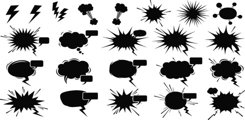 Comic Speech Bubble and Explosion Burst Icon Set with Lightning Effects for Cartoon Dialogues Pop Art Design and Vector Illustration Collection © Selim Studio