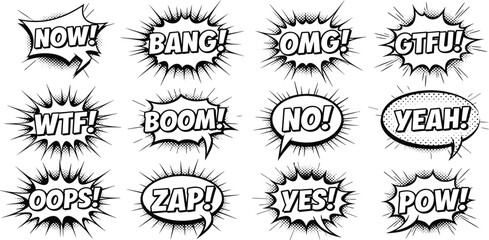 Comic Speech Bubble Explosion Set with Bang Boom OMG and Pop Art Text Effects for Comics Stickers Posters and Retro Design Elements © Selim Studio