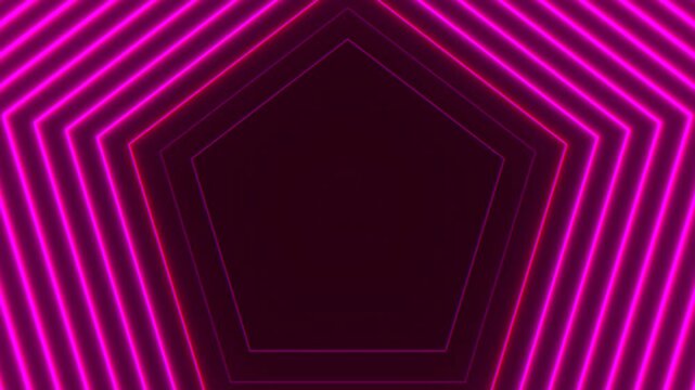 Glowing neon pentagon tunnel background with pink purple lights, 3D depth