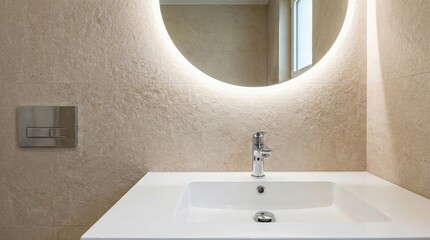 Modern Minimal Bathroom Sink With Backlit Round Mirror and Chrome Faucet in Neutral Tiles