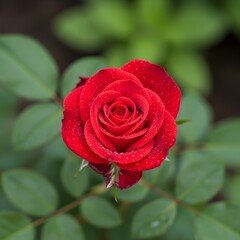 Stunning red rose with dewdrops on petals in lush green garden