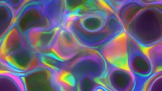 虹色の煙が揺らめく抽象空間で幾何学模様が滑らかに変化する幻想背景