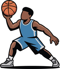 Naklejka premium African American man in blue basketball uniform dribbling ball Sports action illustration