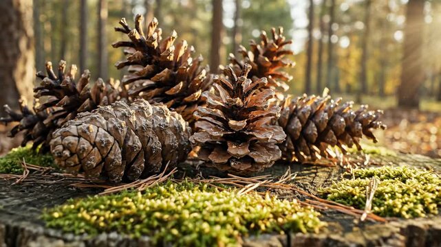 Pine cones on a mossy tree stump in the forest.