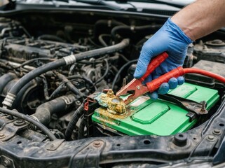Close-up of auto mechanic charging car battery with electric rail jumper cables