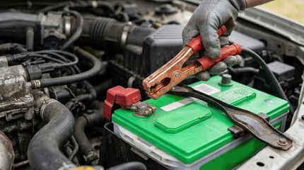 Close-up of auto mechanic charging car battery with electric rail jumper cables