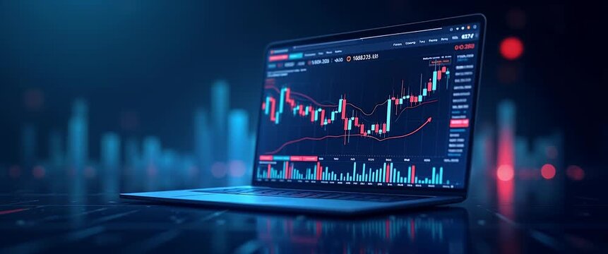 Laptop displaying dynamic stock market graph with flickering city lights in the background, camera slowly pans right, creating a cinematic finance and technology scene.