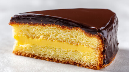 濃厚なチョコとしっとりとしたスポンジでカスタードを挟んだ贅沢なショコラケーキの断面