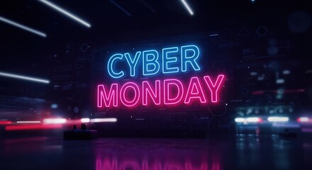 Cyber Monday Neon: Vibrant neon sign illuminates with the words Cyber Monday, promoting an electronic shopping event against the dark backdrop.
