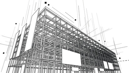 Fototapeta premium Professional black vector architecture wireframe of multi-story building structural framework and modern construction engineering design blueprint