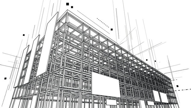 Professional black vector architecture wireframe of multi-story building structural framework and modern construction engineering design blueprint