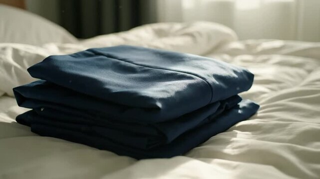 A neatly folded stack of dark blue clothing lies on a rumpled white bed, illuminated by soft natural light.