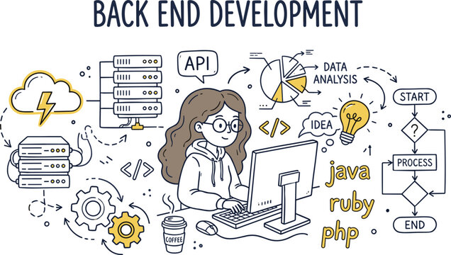 Vector illustration of woman coding back end development