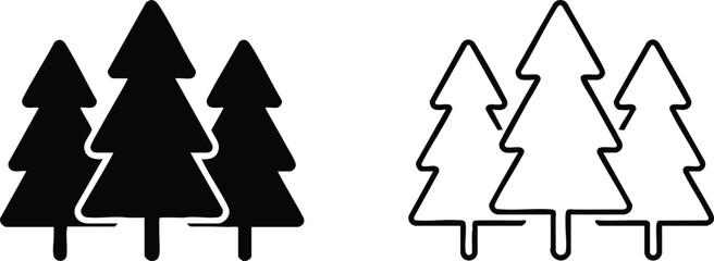 Evergreen Forest Silhouette and Outline, Dual-Style Coniferous Tree Icons, Minimalist Pine Grove Graphics, Simplified Nature and Forestry Symbols, vector, illustration, silhouette. © naeem