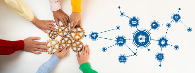 Obraz premium A diverse group of hands collaborating on a gear assembly symbolizes teamwork and innovation while a backdrop of artificial intelligence elements represents technological advancement. Amity