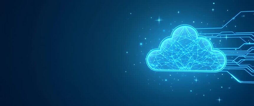 Neon cloud computing icon gently pulses as the camera slowly pans, set against a glowing digital network backdrop; a cinematic portrayal of futuristic data technology.