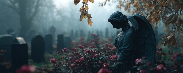 Naklejka premium Dark silhouette of an angel statue among red roses and headstones in a foggy cemetery with autumn leaves, concept for memorial design, gothic literature illustration and spiritual remembrance services