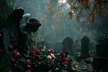 Naklejka premium Angel statue with wings among red roses in a foggy graveyard setting, concept for gothic themes, memorial design and historical content