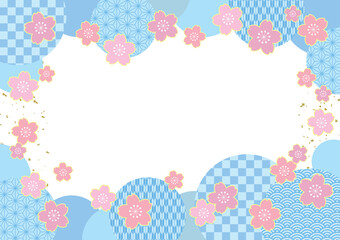 桜の花と和柄サークルの春らしい和風フレームポストカード/ブルー