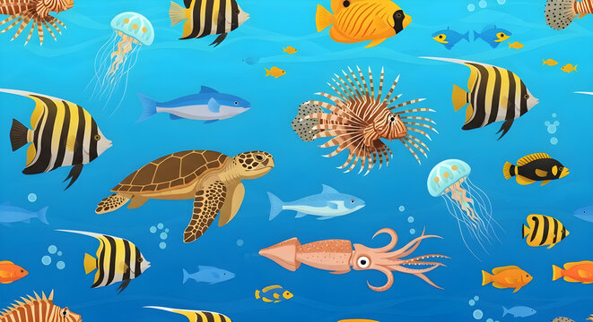 Colorful marine life pattern featuring sea turtles, lionfish, jellyfish, squid, and tropical fish in blue ocean water, for textile design, wallpapers, and children's educational backgrounds.