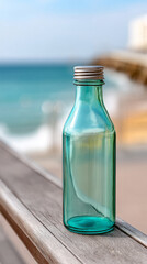 Obraz premium Sustainable living concept: reusable glass bottle by the beach