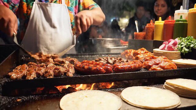 Chef cooking meat on a grill with flames and condiments