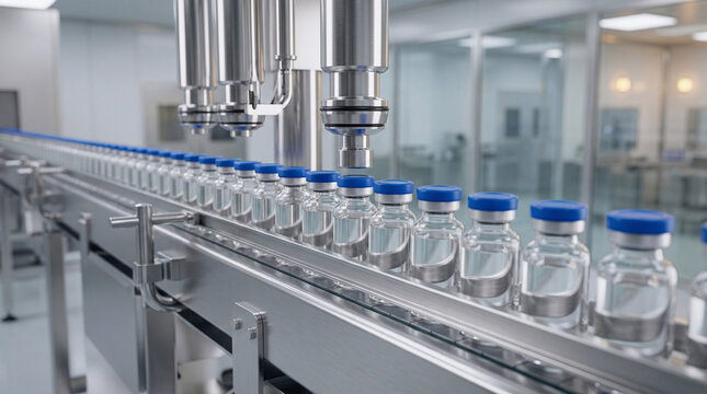 Ligne de production pharmaceutique en usine, industrie m&eacute;dicale.