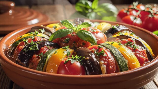 Close up of a colorful cooked dish with tomatoes and vegetables