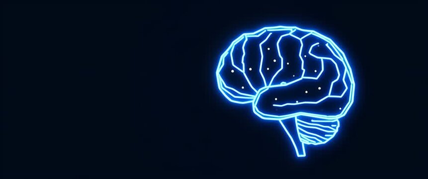 Neon brain illustration pulses softly with digital nodes, as camera pans slowly across a dark background, creating a futuristic, cinematic view of artificial intelligence and technology.