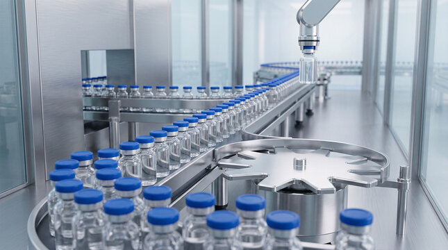 Ligne industrielle de production pharmaceutique avec flacons align&eacute;s