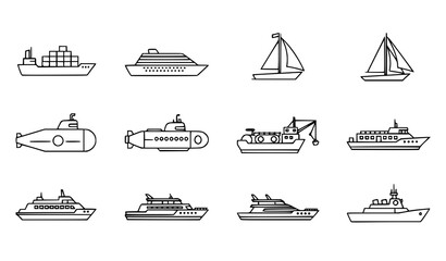A set of various boat and ship illustrations in a flat minimal style © MdRoni