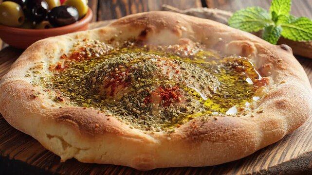 Close up of baked flatbread with herbs and oil on wooden surface