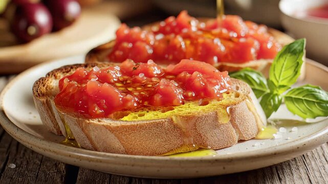 Close up of bruschetta with fresh tomatoes and basil on a plate